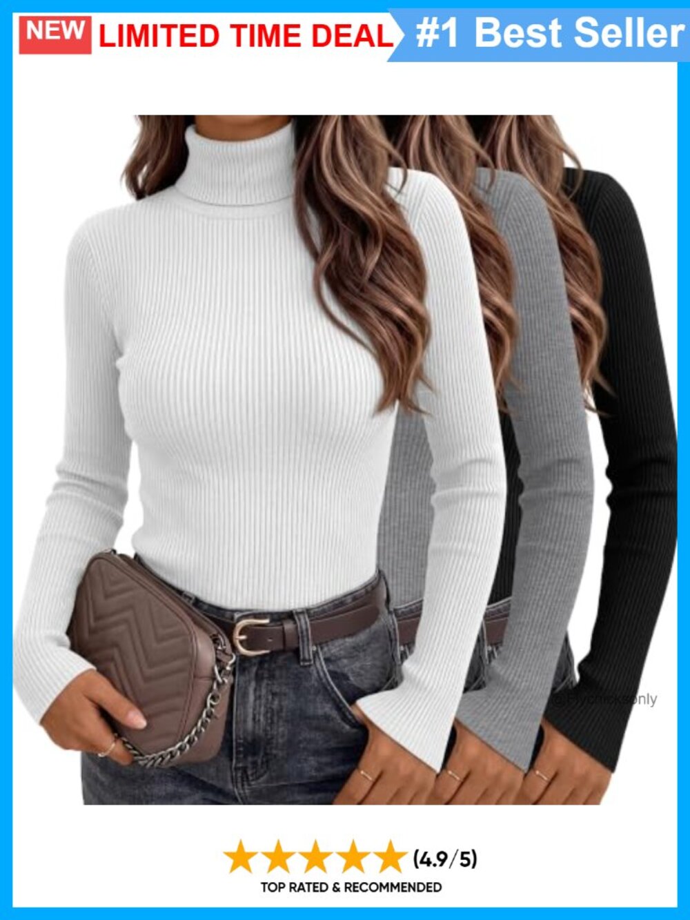 Ribbed Turtleneck Long Sleeve Tops 3 Pack Cotton Blend Slim Fit